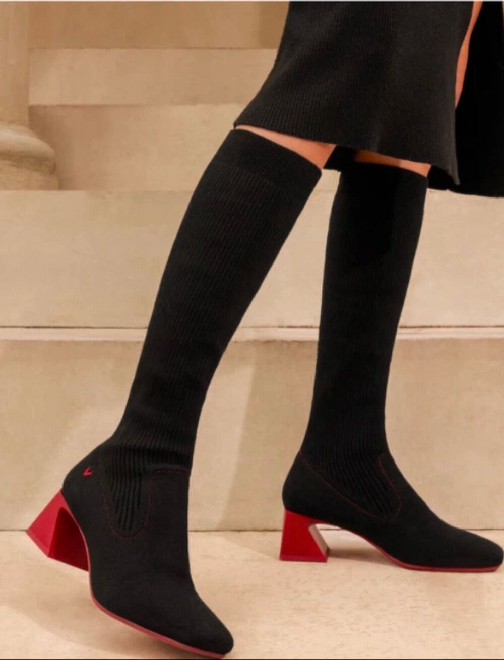 Vivaia 5.5 (35.5) Square-Toe Water-Repellent Wool Knee High Boots red heel